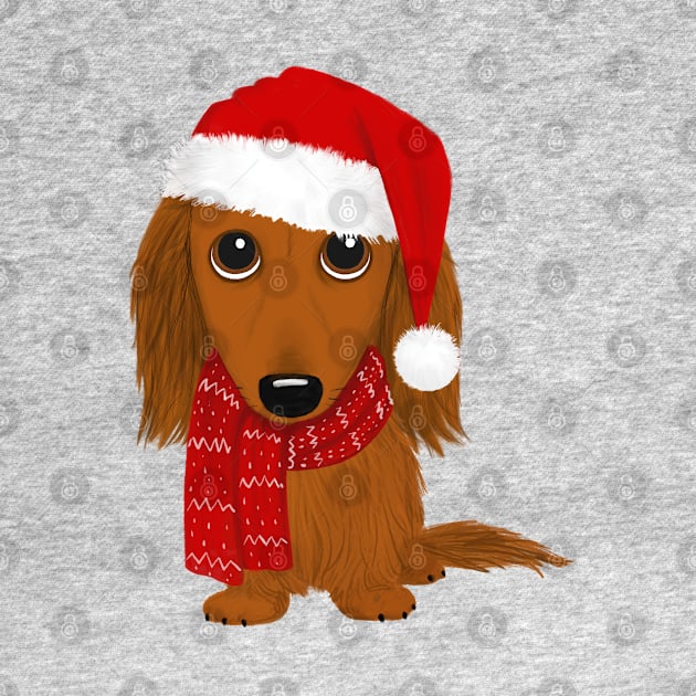 Longhaired Dachshund with Santa Hat Cute Christmas Wiener Dog by Coffee Squirrel